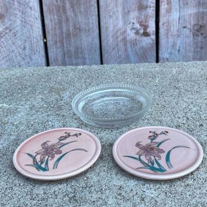 Vintage Pink Ceramic Floral Drink Coasters and Glass Dish
